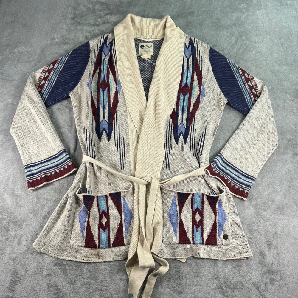 Billabong Womens Southwestern Geometric Wrap Cardigan Sweater Cream Blue Large
